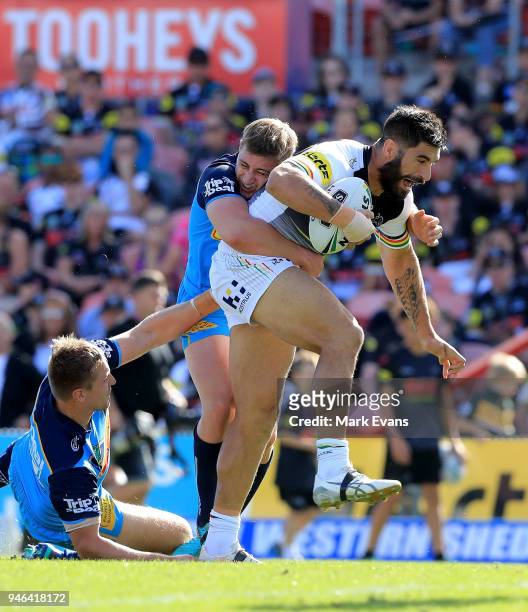 James Tamou of the Panthers is tackled during the round six NRL match between the Penrith Panthers and the Gold Coast Titans on April 15, 2018 in...