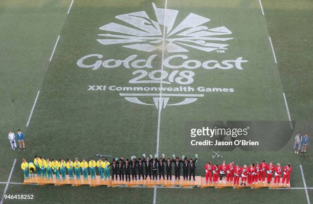 New Zealand Womens team celebrate winning the Gold Medal during Rugby Sevens on day 11 of the Gold Coast 2018 Commonwealth Games at Robina Stadium on...