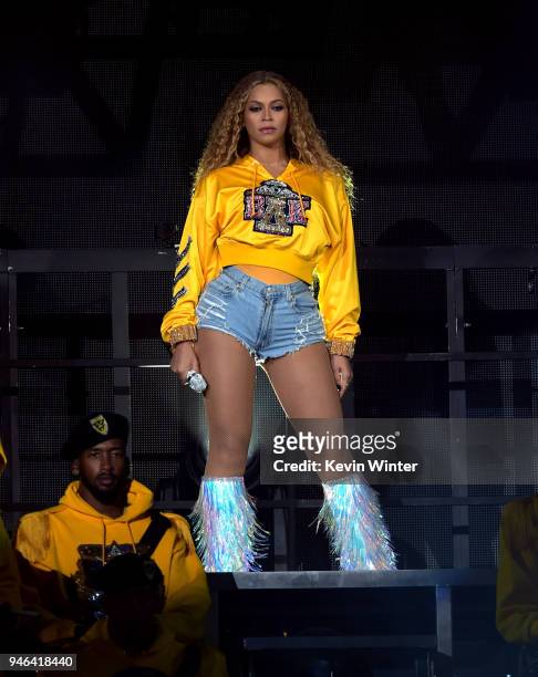 Beyonce Knowles performs onstage during 2018 Coachella Valley Music And Arts Festival Weekend 1 at the Empire Polo Field on April 14, 2018 in Indio,...