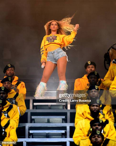 Beyonce Knowles performs onstage during 2018 Coachella Valley Music And Arts Festival Weekend 1 at the Empire Polo Field on April 14, 2018 in Indio,...