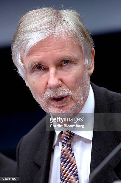 Erkki Tuomioja, the foreign minister of Finland, speaks during a news conference following an EU foreign ministers meeting in Brussels, Belgium,...