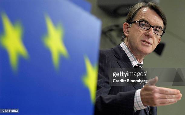 Peter Mandelson, EU commissioner for Trade presents the EU market access strategy paper at a press conference in Brussels, Belgium, Wednesday, April...