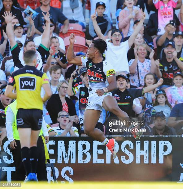 Christian Crichton of the Panthers celebrates a try during the round six NRL match between the Penrith Panthers and the Gold Coast Titans on April...