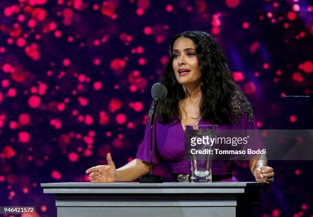 Danny Kaye Humanitarian Leadership Award Recipient Salma Hayek Pinault speaks onstage during the 7th Biennial UNICEF Ball on April 14, 2018 in...