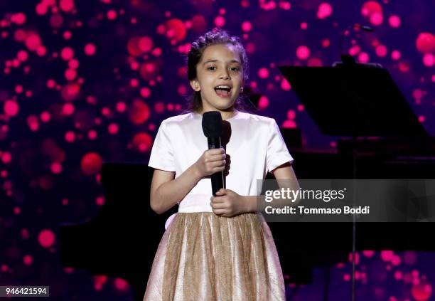 Bana al-Abed speaks onstage during the 7th Biennial UNICEF Ball on April 14, 2018 in Beverly Hills, California.