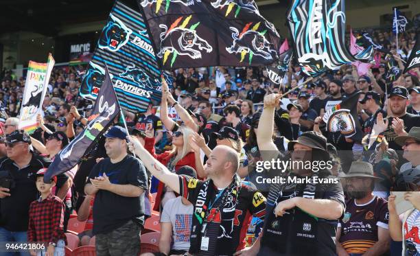 Panthers fans cheer a Penrith try during the round six NRL match between the Penrith Panthers and the Gold Coast Titans on April 15, 2018 in Penrith,...