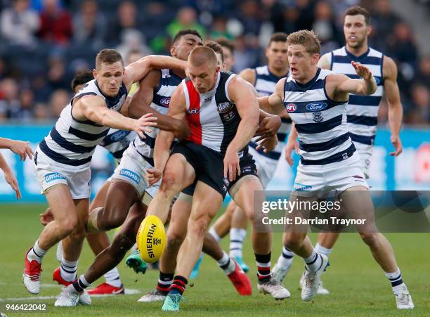 Sebastian Ross of the Saints kicks the ball during the round four AFL match between the Geelong Cats and the St Kilda Saints at GMHBA Stadium on...