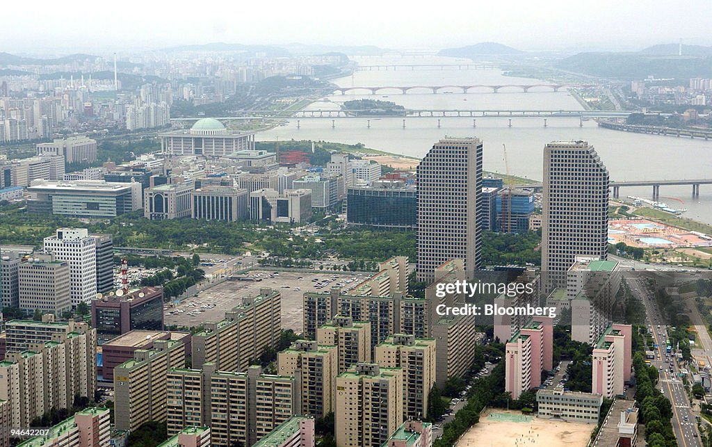 The skyline of Seoul is seen from an elevated position in th