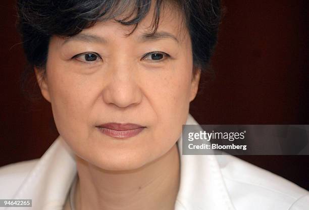 Park Guen-Hye, presidential hopeful and one of the candidates for South Korea's main opposition Grand National Party, speaks during a dinner...