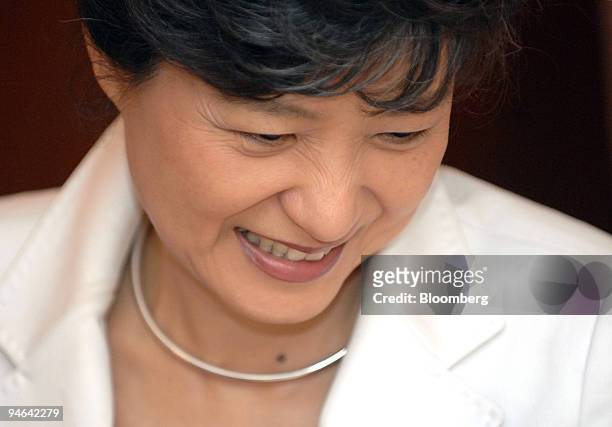 Park Guen-Hye, presidential hopeful and one of the candidates for South Korea's main opposition Grand National Party, speaks during a dinner...