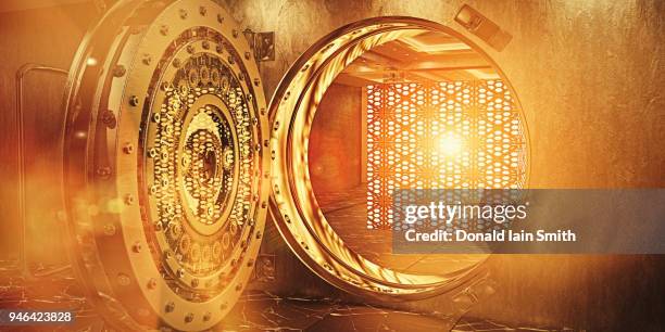 golden vault containing floating glowing cube representing data storage - glowing cube stock pictures, royalty-free photos & images