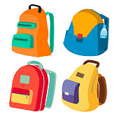 Schoolbag Set Vector. Closed Backpacks Side View. Colored School Modern Backpacks. Isolated Flat Cartoon Illustration