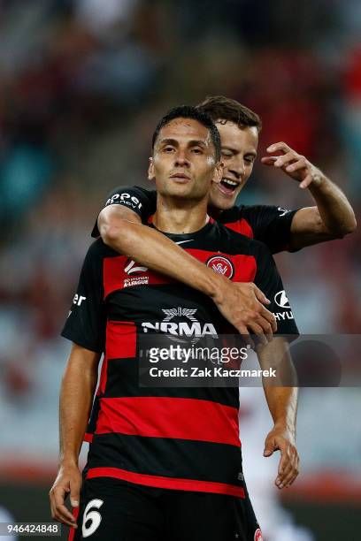Marcelo Carrusca of the Wanderers celebrates with Oriol Riera of the Wanderers after scoring a goal during the round 27 A-League match between the...