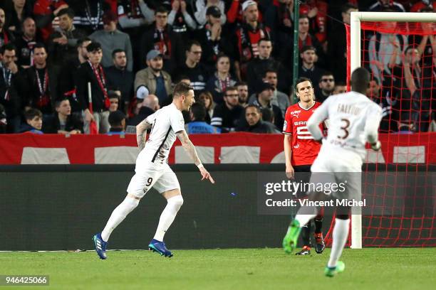 Nolan Roux of Metz jubilates after scoring the second goal during the Ligue 1 match between Rennes and Metz at Roazhon Park on April 14, 2018 in...