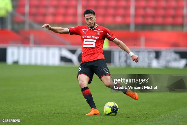 Rami Bensebaini of Rennes during the Ligue 1 match between Rennes and Metz at Roazhon Park on April 14, 2018 in Rennes, .