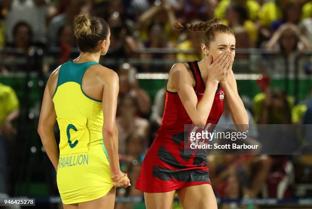 Helen Housby of England celebrates after scoring in the final second and winning the Netball Gold Medal Match between England and Australia on day 11...
