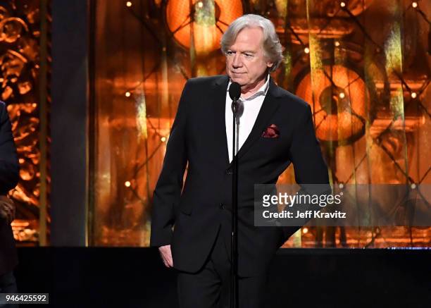 Justin Hayward speaks onstage at the 33rd Annual Rock & Roll Hall of Fame Induction Ceremony at Public Auditorium on April 14, 2018 in Cleveland,...
