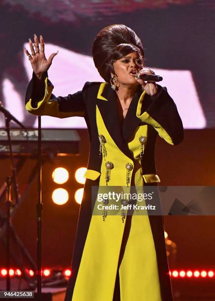 Recording artist Andra Day pays tribute to Nina Simone during the 33rd Annual Rock & Roll Hall of Fame Induction Ceremony at Public Auditorium on...