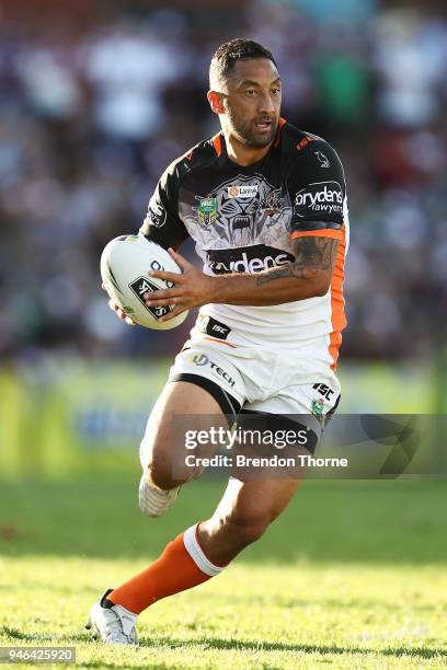 Benji Marshall of the Tigers runs the ball during the round six NRL match between the Manly Sea Eagles and the Wests Tigers at Lottoland on April 15,...