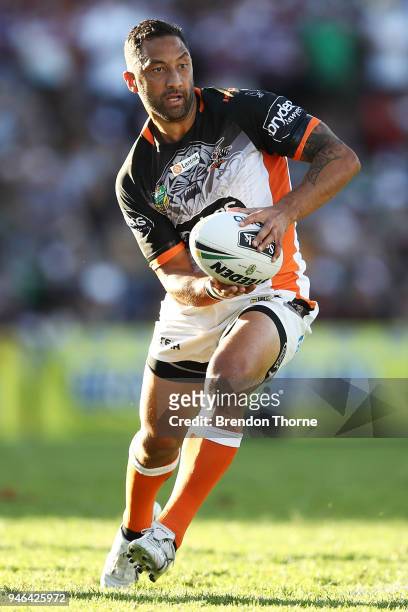 Benji Marshall of the Tigers runs the ball during the round six NRL match between the Manly Sea Eagles and the Wests Tigers at Lottoland on April 15,...