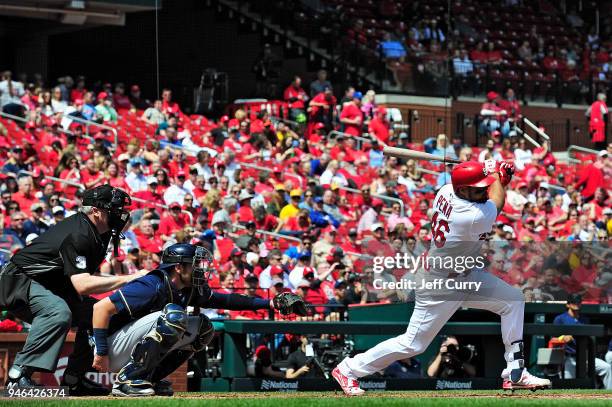 Francisco Pena of the St. Louis Cardinals bats during the third inning against the Milwaukee Brewers at Busch Stadium on April 11, 2018 in St Louis,...