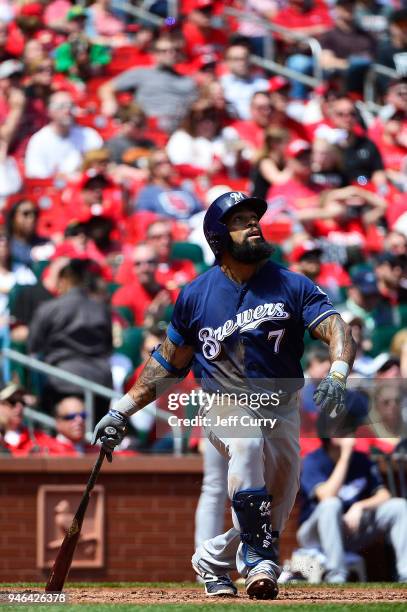 Eric Thames of the Milwaukee Brewers hits a solo home run during the third inning against the St. Louis Cardinals at Busch Stadium on April 11, 2018...