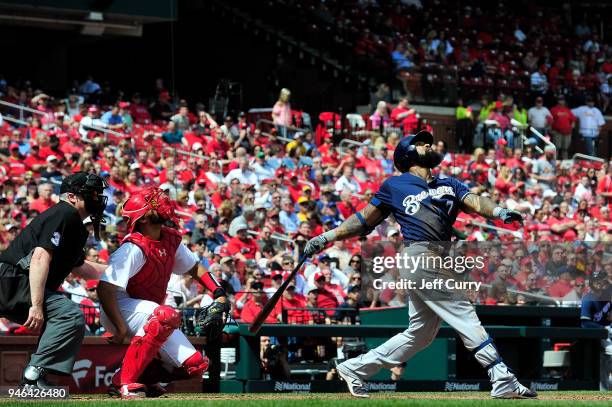 Eric Thames of the Milwaukee Brewers bats during the fifth inning against the St. Louis Cardinals at Busch Stadium on April 11, 2018 in St Louis,...