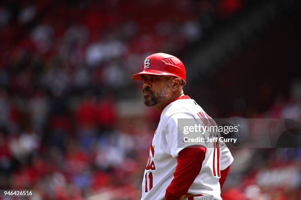 Jose Oquendo of the St. Louis Cardinals looks on during the fifth inning against the Milwaukee Brewers at Busch Stadium on April 11, 2018 in St...