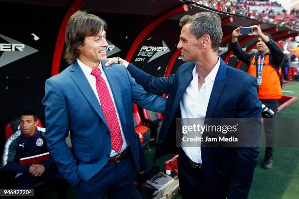 Matias Almeyda coach of Chivas and Diego Cocca coach of Tijuana talk prior the 15th round match between Tijuana and Chivas as part of the Torneo...