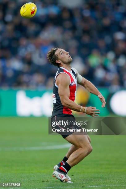 Luke Dunstan of the Saints looks for the ball during the round four AFL match between the Geelong Cats and the St Kilda Saints at GMHBA Stadium on...