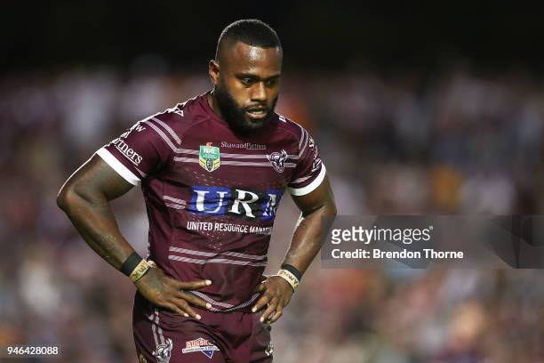 Akuila Uate of the Sea Eagles looks on during the round six NRL match between the Manly Sea Eagles and the Wests Tigers at Lottoland on April 15,...