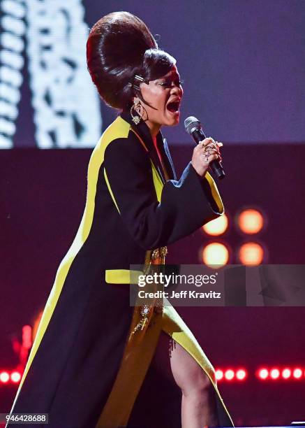 Recording artist Andra Day pays tribute to Nina Simone during the 33rd Annual Rock & Roll Hall of Fame Induction Ceremony at Public Auditorium on...