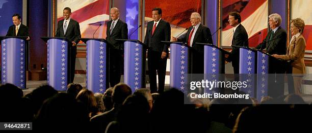 Participating in a Democratic presidential debate, are from left to right, Representative Dennis Kucinich of Ohio, Illinois Senator Barack Obama,...