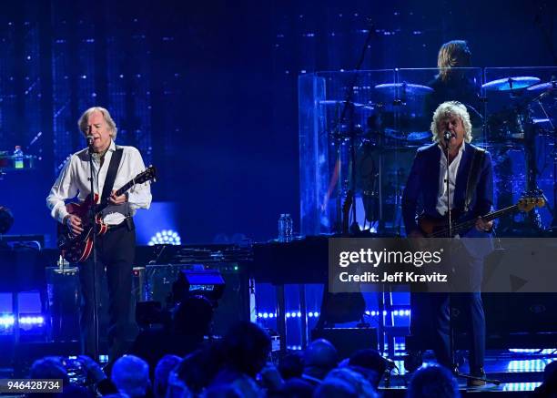 Inductees John Lodge and Justin Hayward of The Moody Blues perform 33rd Annual Rock & Roll Hall of Fame Induction Ceremony at Public Auditorium on...