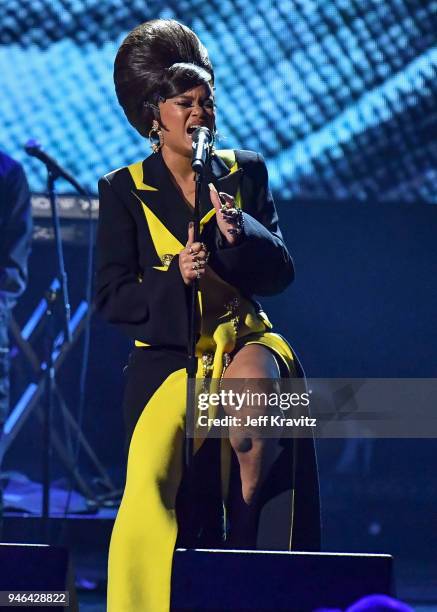 Recording artist Andra Day pays tribute to Nina Simone during the 33rd Annual Rock & Roll Hall of Fame Induction Ceremony at Public Auditorium on...