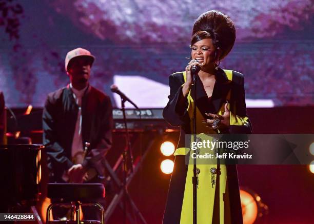 Recording artist Andra Day pays tribute to Nina Simone during the 33rd Annual Rock & Roll Hall of Fame Induction Ceremony at Public Auditorium on...