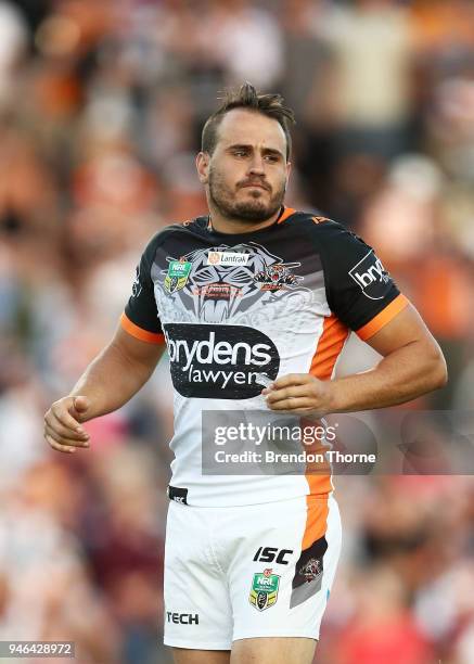 Josh Reynolds of the Tigers looks on during the round six NRL match between the Manly Sea Eagles and the Wests Tigers at Lottoland on April 15, 2018...