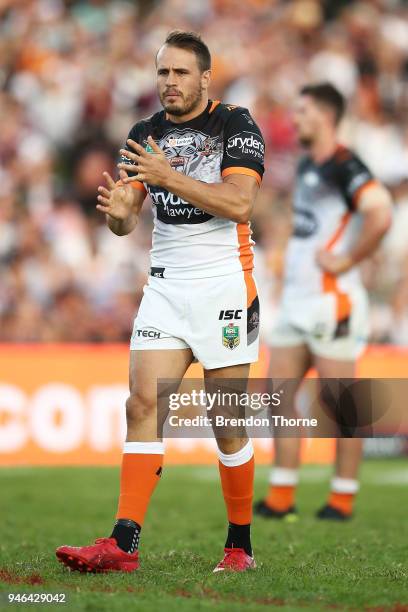 Josh Reynolds of the Tigers looks on during the round six NRL match between the Manly Sea Eagles and the Wests Tigers at Lottoland on April 15, 2018...