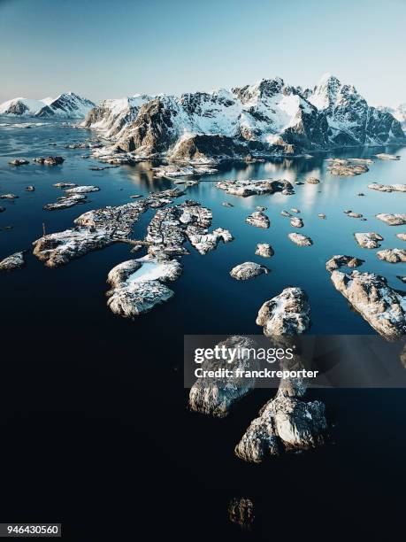 henningsvær aerial view - henningsvaer stock pictures, royalty-free photos & images