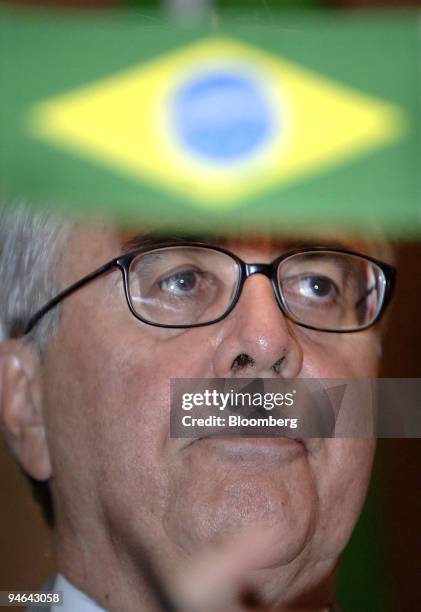 Brazil's Minister for Agriculture, Livestock and Supply Luis Carlos Guedes Pinto is seen under his country's flag during a media conference on the...