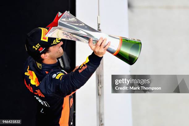 Race winner Daniel Ricciardo of Australia and Red Bull Racing celebrates on the podium during the Formula One Grand Prix of China at Shanghai...