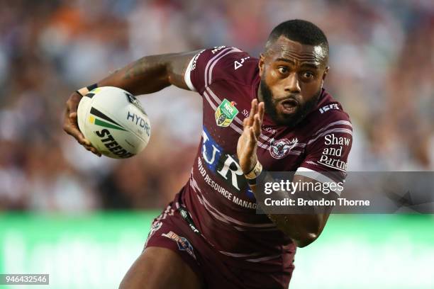 Akuila Uate of the Sea Eagles runs the ball during the round six NRL match between the Manly Sea Eagles and the Wests Tigers at Lottoland on April...