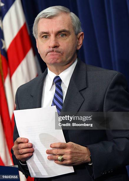 Senator John "Jack" Reed, a Democrat from Rhode Island, listens to a reporter's question during a news conference on Capitol Hill in Washington,...