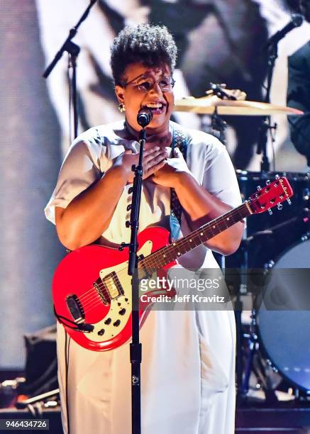 Musician Brittany Howard performs during the 33rd Annual Rock & Roll Hall of Fame Induction Ceremony at Public Auditorium on April 14, 2018 in...