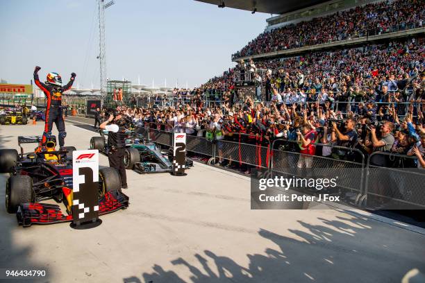 Daniel Ricciardo of Australia and Red Bull Racing wins the Formula One Grand Prix of China at Shanghai International Circuit on April 15, 2018 in...