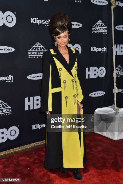 Recording artist Andra Day attends the 33rd Annual Rock & Roll Hall of Fame Induction Ceremony at Public Auditorium on April 14, 2018 in Cleveland,...