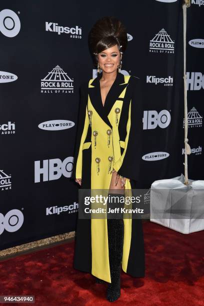 Recording artist Andra Day attends the 33rd Annual Rock & Roll Hall of Fame Induction Ceremony at Public Auditorium on April 14, 2018 in Cleveland,...