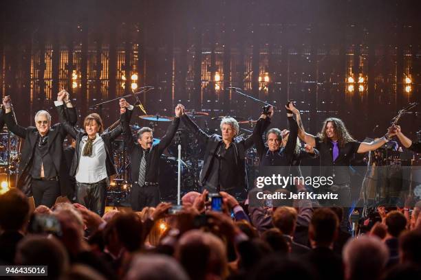 Inductees Bon Jovi perform during the 33rd Annual Rock & Roll Hall of Fame Induction Ceremony at Public Auditorium on April 14, 2018 in Cleveland,...