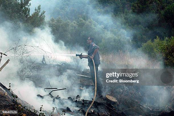 Man douses a fire caused by rockets that landed in an open area near Safed, in Upper Galilee, Israel, Friday, July 14, 2006. Israel pounded Hezbollah...