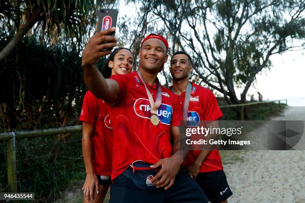 Katarina Johnson-Thompson, Frazer Clarke and Galal Yafai of England pose on day 11 of the Gold Coast 2018 Commonwealth Games at Gold Coast Convention...